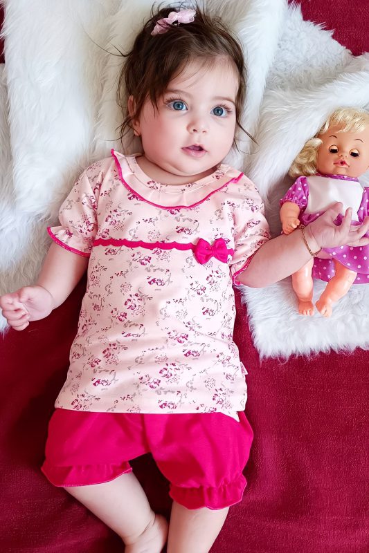 تیشرت شلوارک نوزادی دخترانه گل سرخی