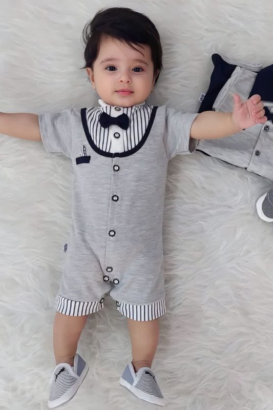 رامپر پسرانه نوزادی یقه پاپیون