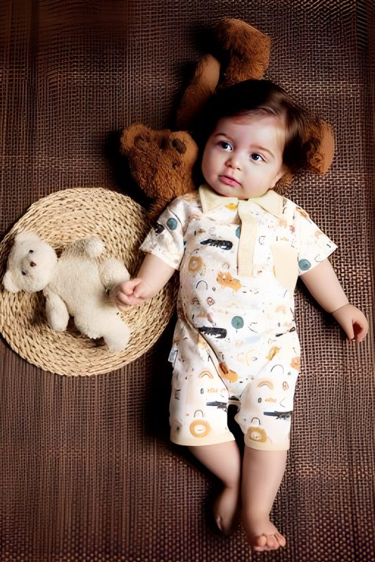 رامپر پسرانه آستین کوتاه نوزادی لاین کاپ