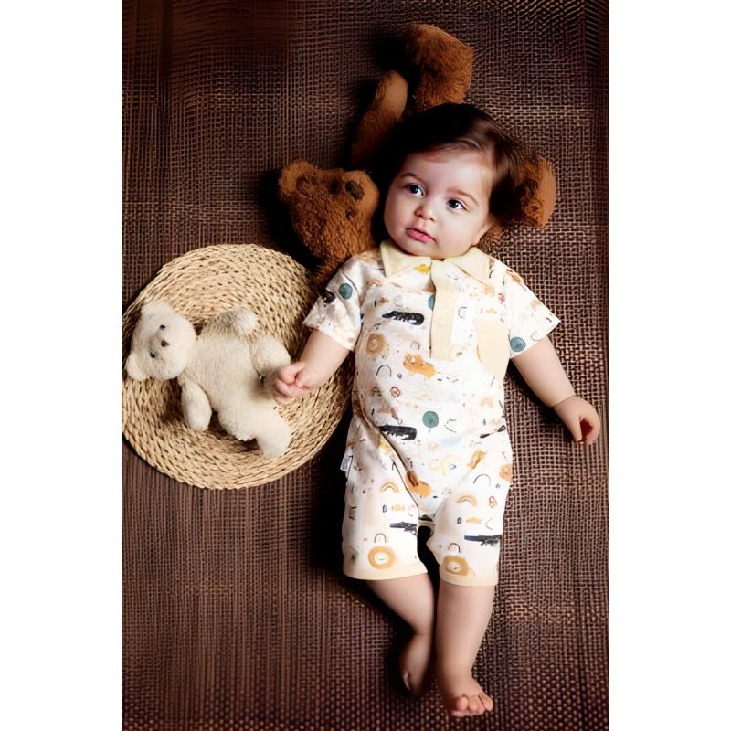 رامپر پسرانه آستین کوتاه نوزادی لاین کاپ