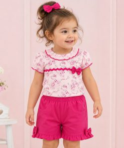 تیشرت شلوارک (شورت) نوزادی تا کودک بچگانه دخترانه گلسرخ راحتی کد 539