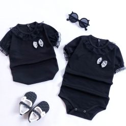 بادی شلوارک دخترانه گیپور مشکی نوزاد تا کودک کد 563