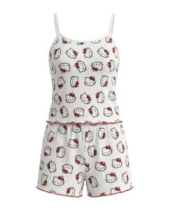 تاپ شلوارک کبریتی طرحدار Hello kitty ویولت کد 4442