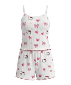 تاپ شلوارک کبریتی طرحدار Hello kitty صورتی ویولت کد 4442