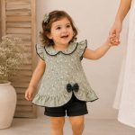 پیراهن شلوارک(شورت) نوزادی تا کودک بچگانه دخترانه مجلسی مدل فلورا سبز کد 168